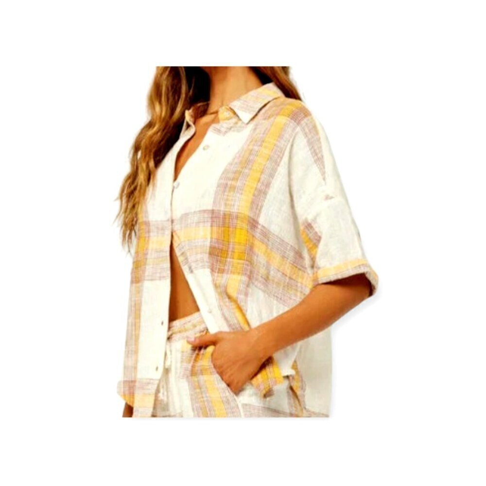 L*Space Isle Sun Plaid Button-Up Shirt Cream Orange S – Relaxed Summer Beach Sty - Picture 11 of 11
